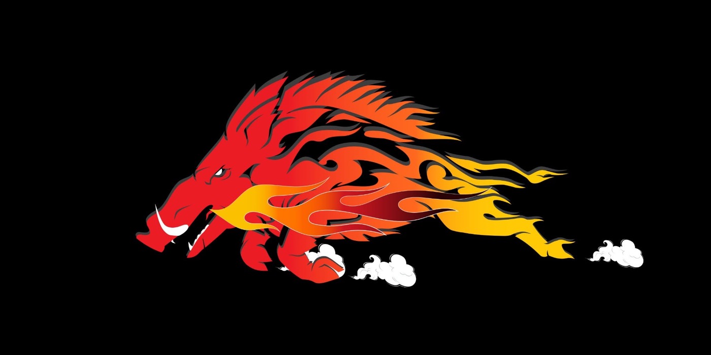 The BBQ Beast mark — a flaming razorback boar charging across black