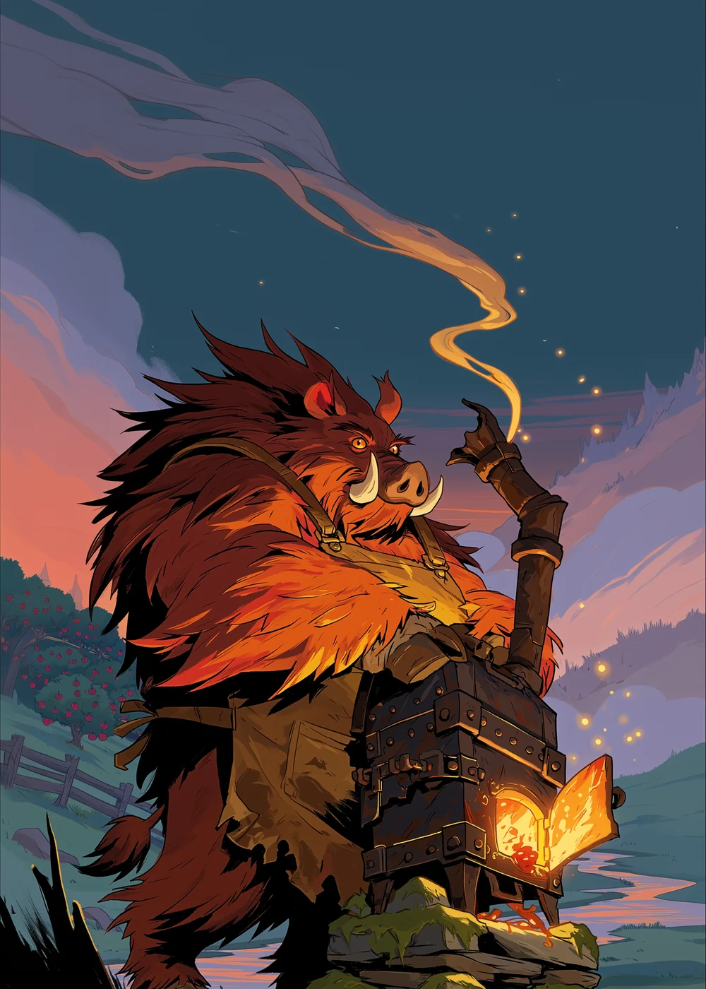 The cover of The Pitmaster: a great bristled boar in a cowboy hat beside a stone fire pit in the blue-smoke hills, with Roland and Skapper looking on