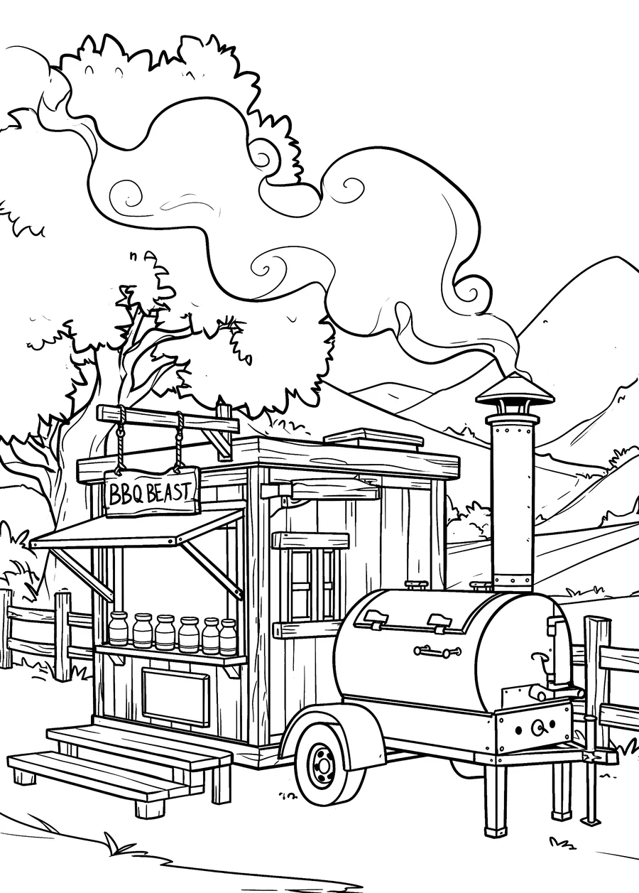 Line art of the BBQ Beast smoker trailer with its order window and sign, smoke curling up