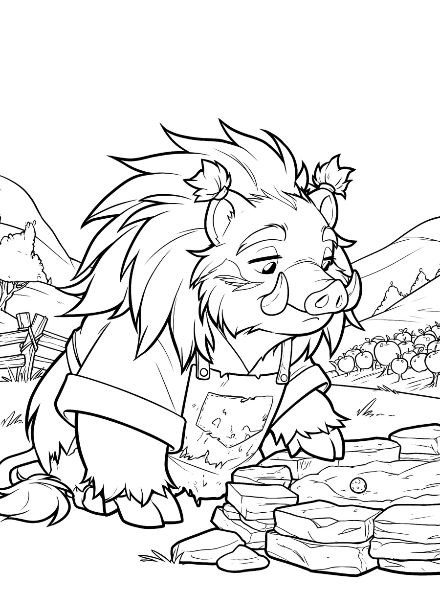 Line art of a great bristled boar in a cowboy hat beside an old stone fire pit, one ember in the ashes