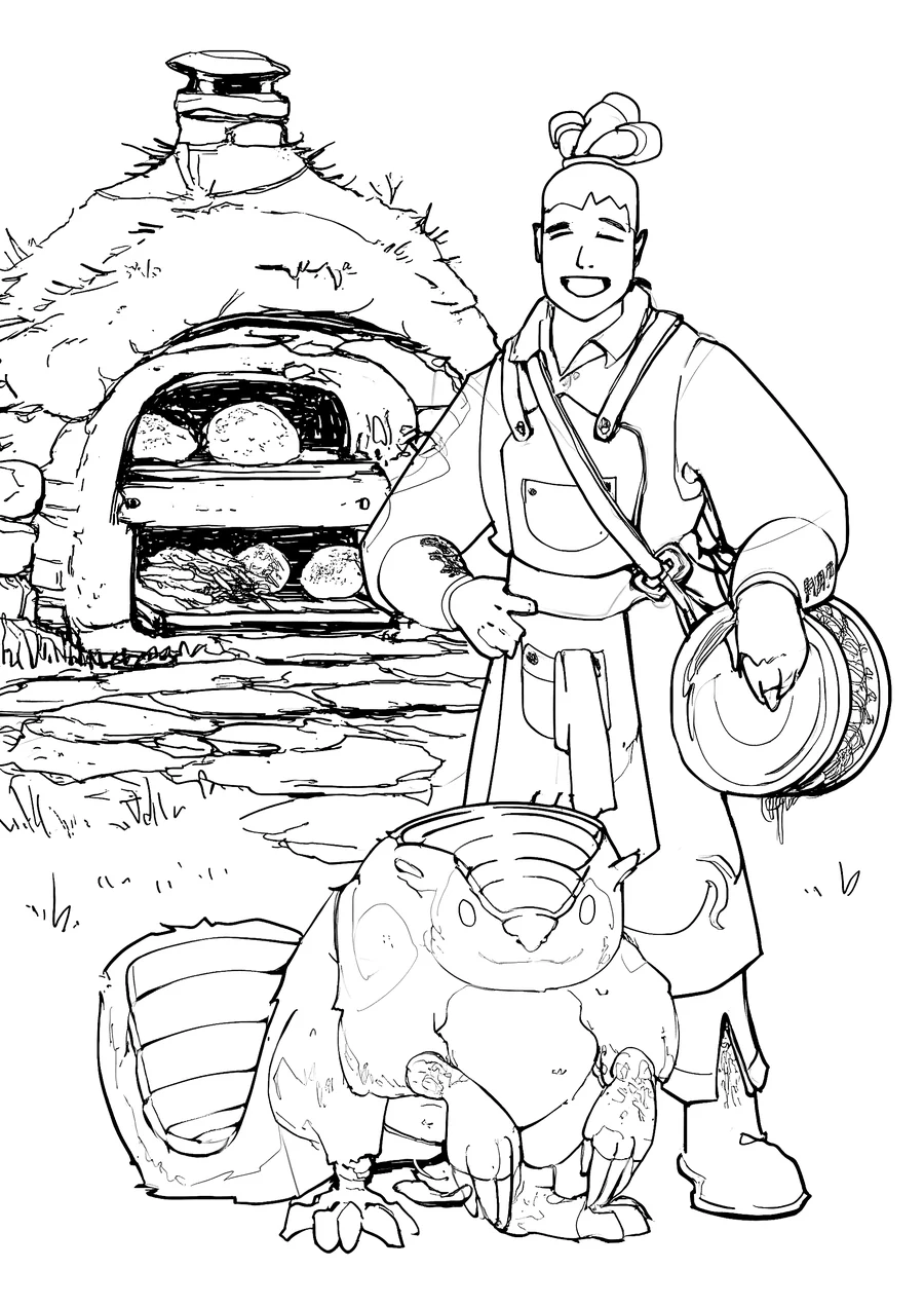 Line art of Roland lifting a smoker lid over ribs, corn and cornbread while Skapper hauls a basket