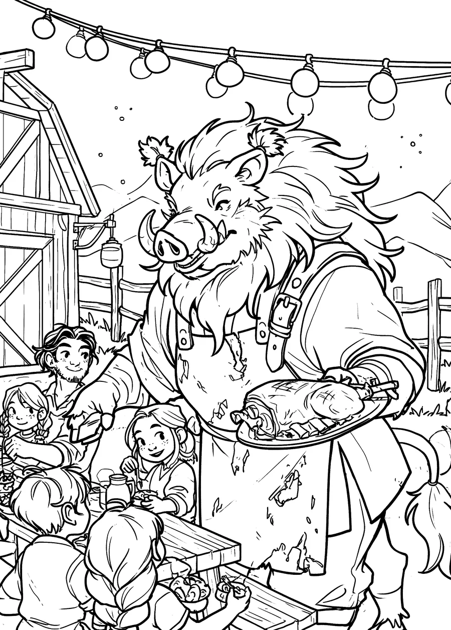 Line art of families eating at picnic tables under string lights, a cider barn and mountains behind